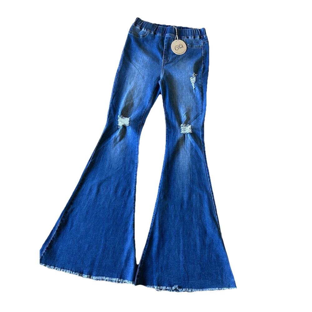 ▶️ Aaron & Amber Flare Jeans Womens L Distressed Pull On Stretch Boho NWT